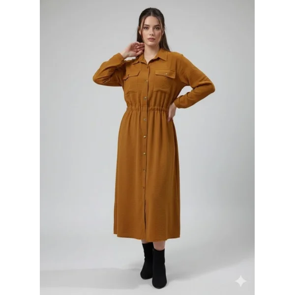 Kadın Uzun Kollu Beli Lastik Ve Düğme Detay Gömlek Elbise