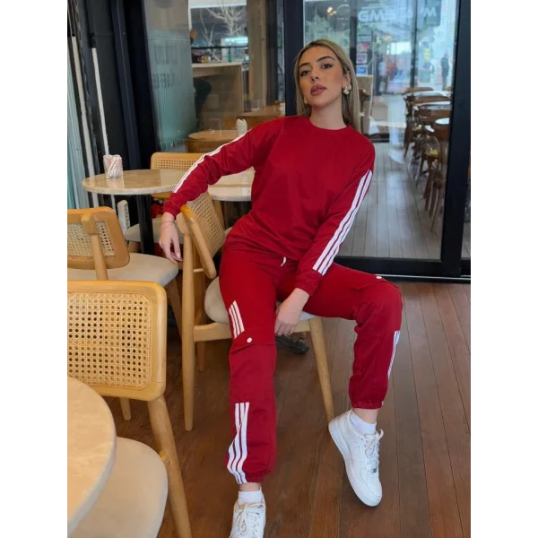 Kadın Uzun Kollu Beyaz şerit Detay Kargo Cep Iki Iplik Ikili Takım