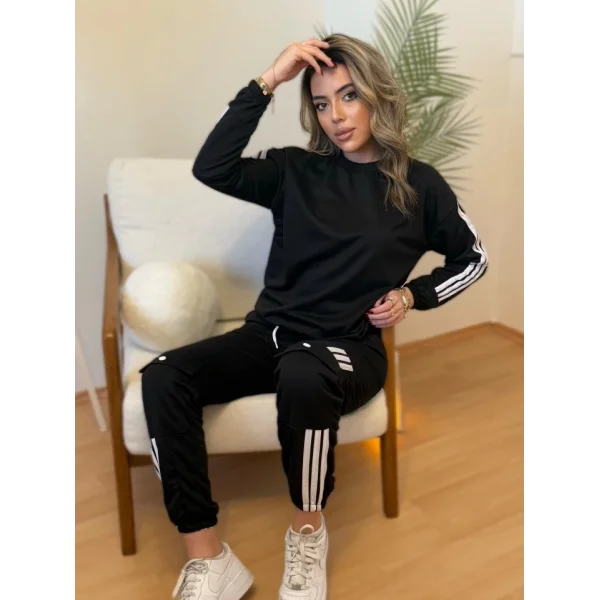 Kadın Uzun Kollu Beyaz şerit Detay Kargo Cep Iki Iplik Ikili Takım