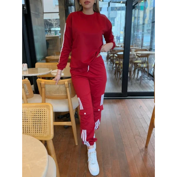 Kadın Uzun Kollu Beyaz şerit Detay Kargo Cep Iki Iplik Ikili Takım