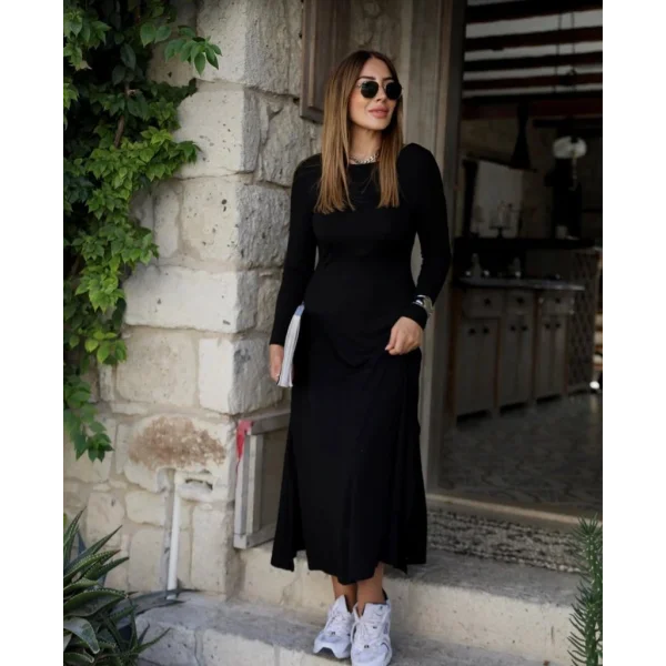 Kadın Uzun Kollu Bisiklet Yaka Arkası çapraz Detaylı Viskon Iki Iplik Maxi Elbise