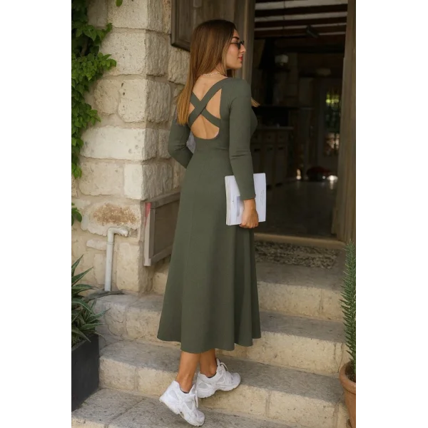 Kadın Uzun Kollu Bisiklet Yaka Arkası çapraz Detaylı Viskon Iki Iplik Maxi Elbise