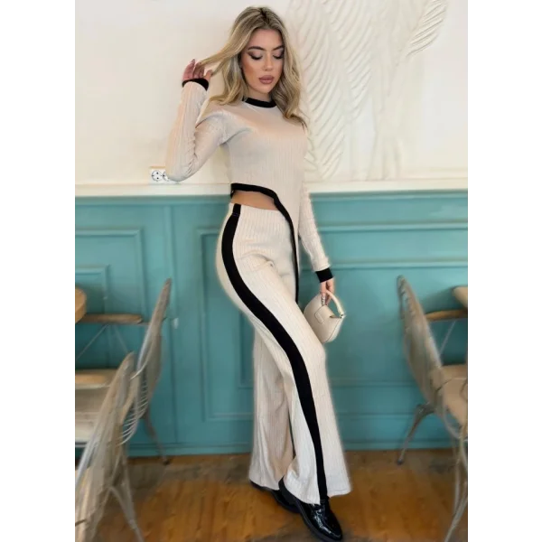 Kadın Uzun Kollu Bisiklet Yaka Asimetrik Kesim Bluz şardonlu Kaşkorse Bluz Ve Pantolon Ikili Takım