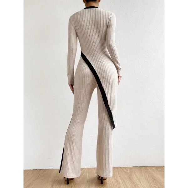 Kadın Uzun Kollu Bisiklet Yaka Asimetrik Kesim Bluz şardonlu Kaşkorse Bluz Ve Pantolon Ikili Takım