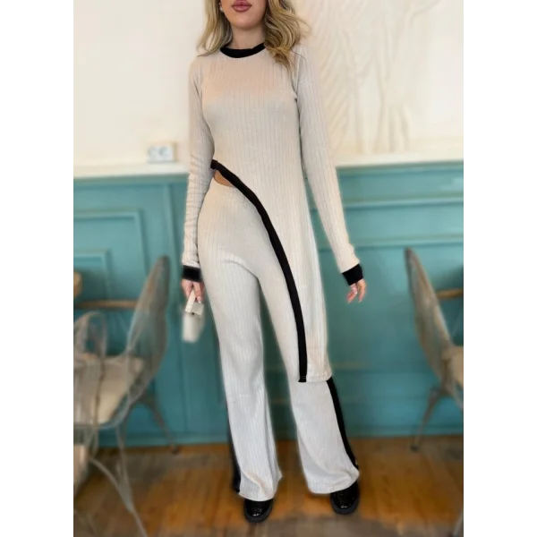 Kadın Uzun Kollu Bisiklet Yaka Asimetrik Kesim Bluz şardonlu Kaşkorse Bluz Ve Pantolon Ikili Takım