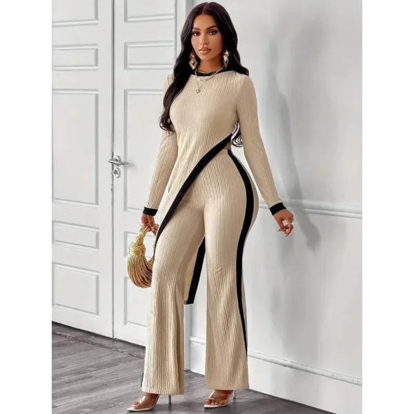 Kadın Uzun Kollu Bisiklet Yaka Asimetrik Kesim Bluz şardonlu Kaşkorse Bluz Ve Pantolon Ikili Takım