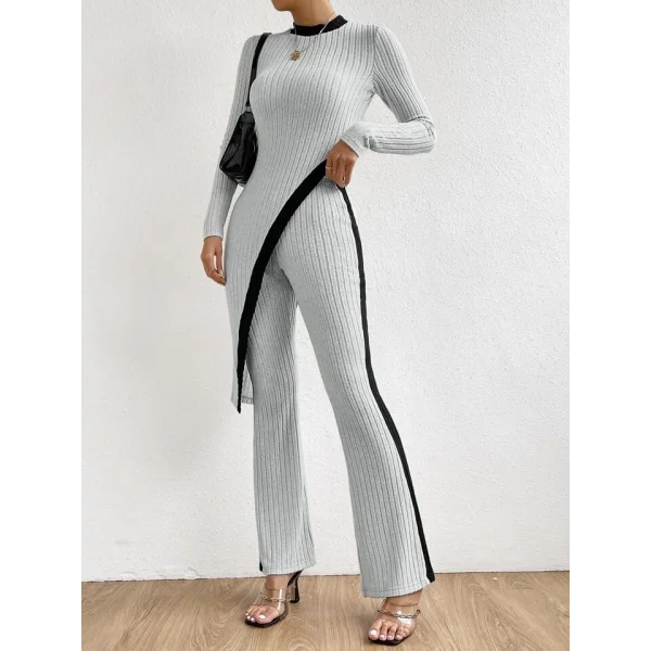 Kadın Uzun Kollu Bisiklet Yaka Asimetrik Kesim Bluz şardonlu Kaşkorse Bluz Ve Pantolon Ikili Takım