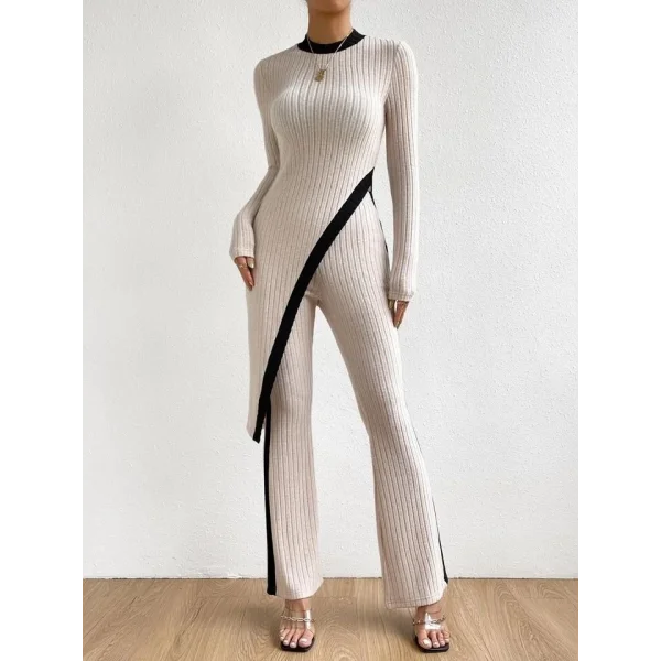 Kadın Uzun Kollu Bisiklet Yaka Asimetrik Kesim Bluz şardonlu Kaşkorse Bluz Ve Pantolon Ikili Takım