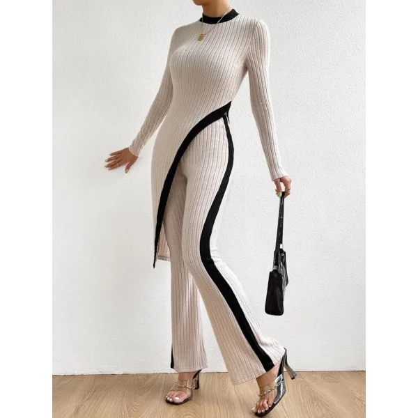 Kadın Uzun Kollu Bisiklet Yaka Asimetrik Kesim Bluz şardonlu Kaşkorse Bluz Ve Pantolon Ikili Takım