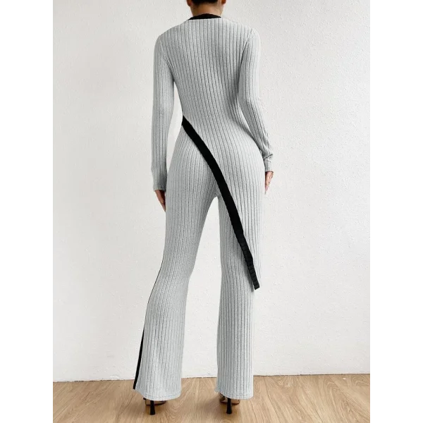 Kadın Uzun Kollu Bisiklet Yaka Asimetrik Kesim Bluz şardonlu Kaşkorse Bluz Ve Pantolon Ikili Takım