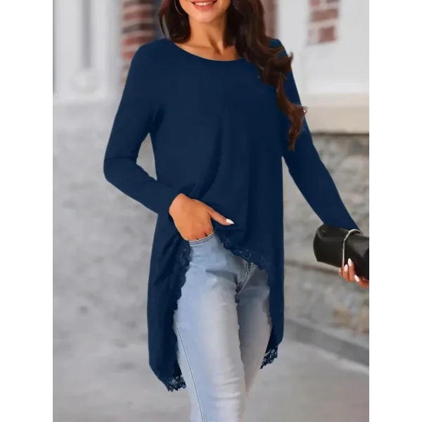 Kadın Uzun Kollu Bisiklet Yaka Asimetrik Kesim Detaylı Dantelli Viskon Bluz