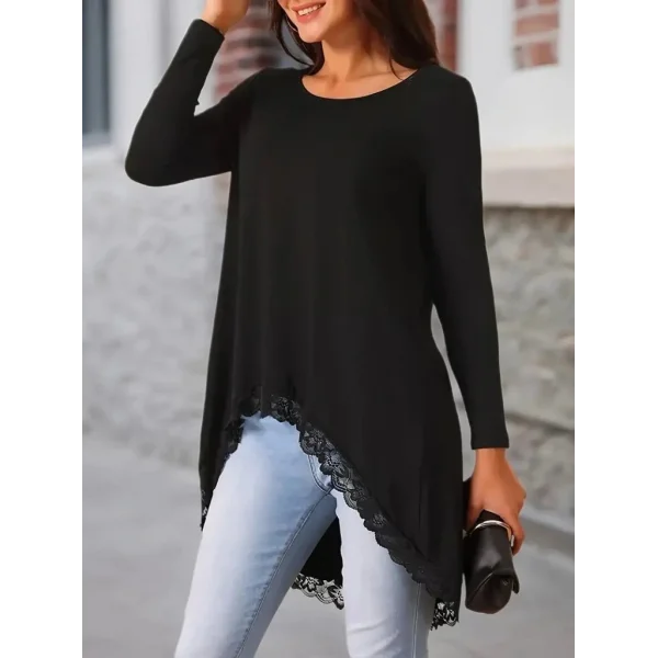 Kadın Uzun Kollu Bisiklet Yaka Asimetrik Kesim Detaylı Dantelli Viskon Bluz