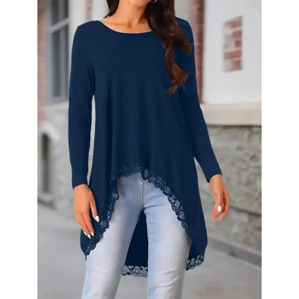 Kadın Uzun Kollu Bisiklet Yaka Asimetrik Kesim Detaylı Dantelli Viskon Bluz