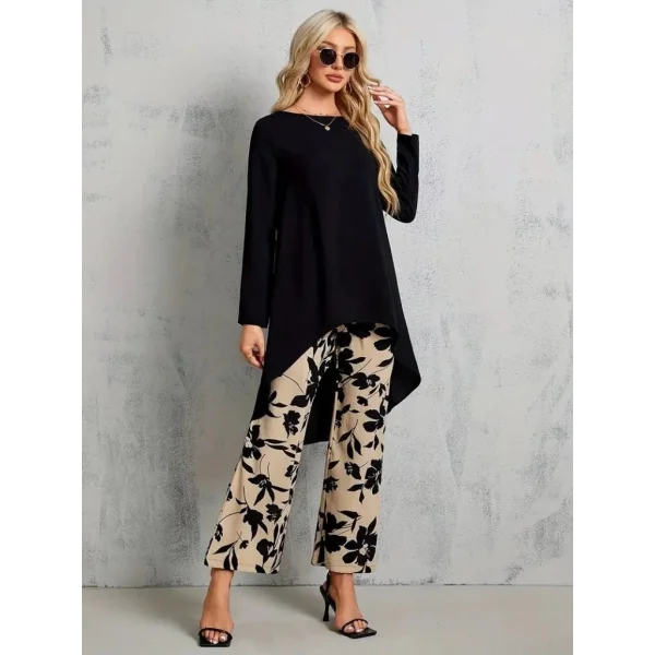 Kadın Uzun Kollu Bisiklet Yaka Asimetrik Kesim Detaylı Viskon Bluz Ve çiçek Desenli Iki Iplik Pantolon