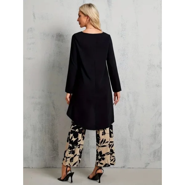 Kadın Uzun Kollu Bisiklet Yaka Asimetrik Kesim Detaylı Viskon Bluz Ve çiçek Desenli Iki Iplik Pantolon
