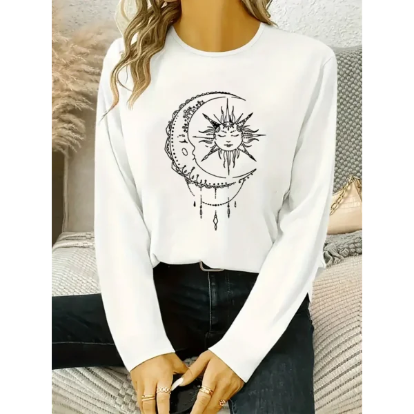 Kadın Uzun Kollu Bisiklet Yaka Ay Baskılı Viskon Bluz