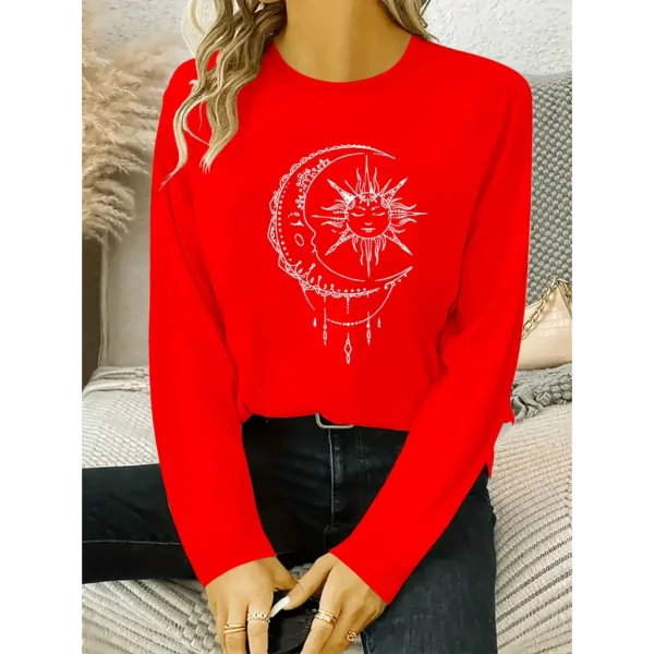 Kadın Uzun Kollu Bisiklet Yaka Ay Baskılı Viskon Bluz