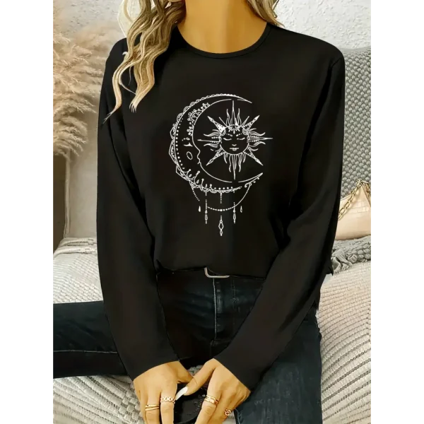 Kadın Uzun Kollu Bisiklet Yaka Ay Baskılı Viskon Bluz