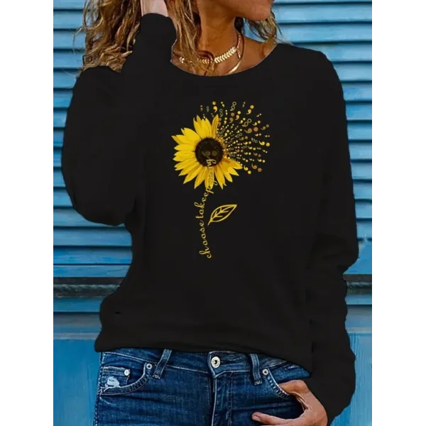 Kadın Uzun Kollu Bisiklet Yaka Ayçiçeği Desenli Viskon Bluz