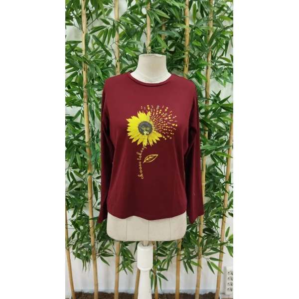 Kadın Uzun Kollu Bisiklet Yaka Ayçiçeği Desenli Viskon Bluz