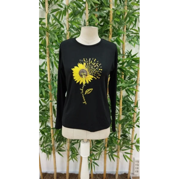 Kadın Uzun Kollu Bisiklet Yaka Ayçiçeği Desenli Viskon Bluz