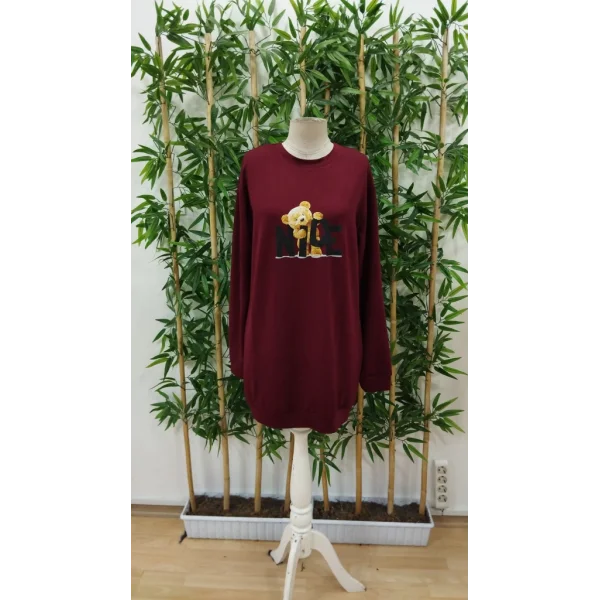 Kadın Uzun Kollu Bisiklet Yaka Ayı Desenli Viskon Iki Iplik Elbise