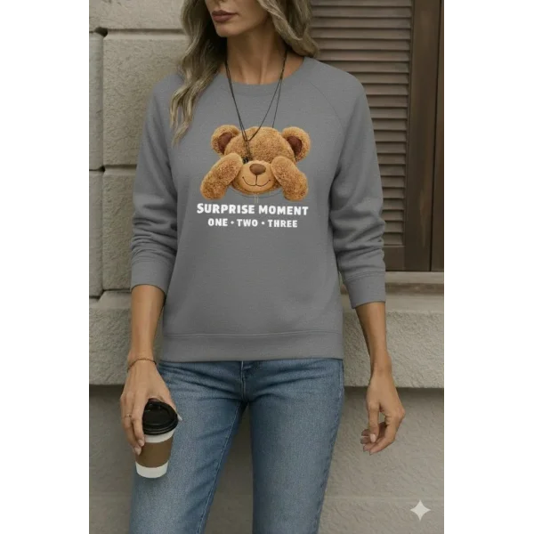 Kadın Uzun Kollu Bisiklet Yaka Ayıcık Desenli Viskon Iki Iplik Bluz