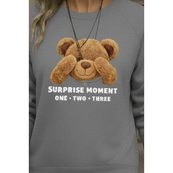 Kadın Uzun Kollu Bisiklet Yaka Ayıcık Desenli Viskon Iki Iplik Bluz