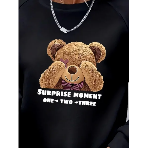 Kadın Uzun Kollu Bisiklet Yaka Ayıcık Desenli Viskon Iki Iplik Bluz