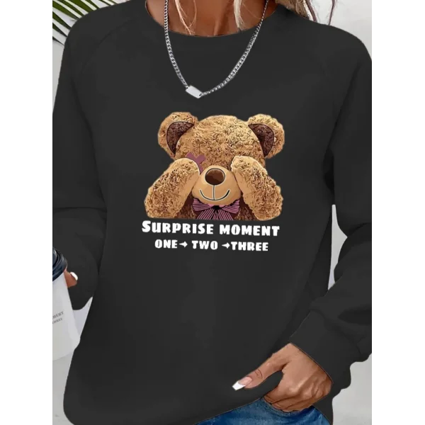 Kadın Uzun Kollu Bisiklet Yaka Ayıcık Desenli Viskon Iki Iplik Bluz