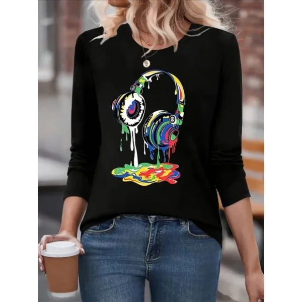 Kadın Uzun Kollu Bisiklet Yaka Baskılı Iki Iplik Bluz