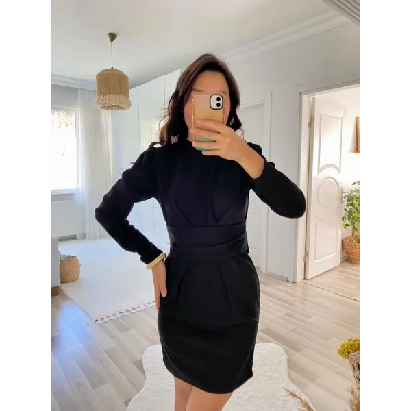 Kadın Uzun Kollu Bisiklet Yaka Bel Kemer Detay Ithal Krep Elbise