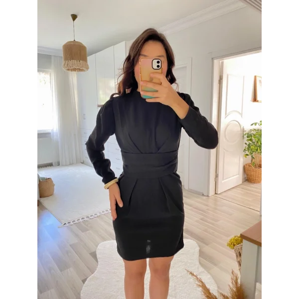 Kadın Uzun Kollu Bisiklet Yaka Bel Kemer Detay Ithal Krep Elbise