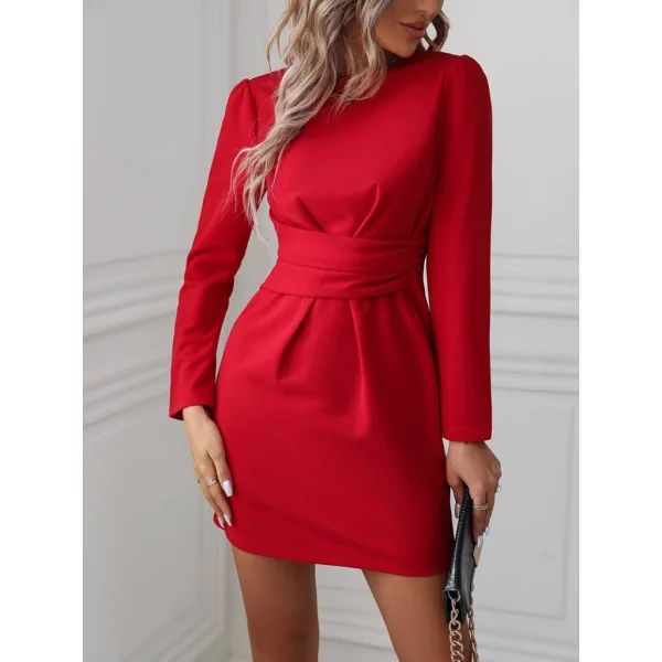 Kadın Uzun Kollu Bisiklet Yaka Bel Kemer Detay Ithal Krep Elbise