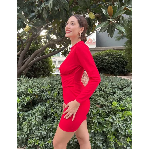 Kadın Uzun Kollu Bisiklet Yaka Bel Kemer Detay Ithal Krep Elbise