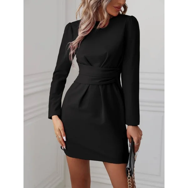 Kadın Uzun Kollu Bisiklet Yaka Bel Kemer Detay Ithal Krep Elbise