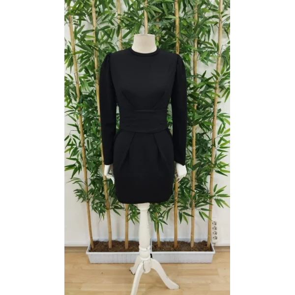 Kadın Uzun Kollu Bisiklet Yaka Bel Kemer Detay Ithal Krep Elbise