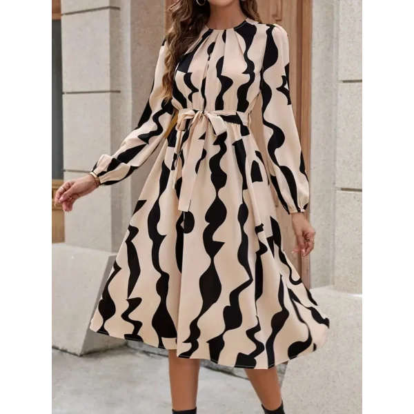 Kadın Uzun Kollu Bisiklet Yaka Belden Bağlamalı Desenli Belden Kuşaklı Mikro Süprem Midi Elbise