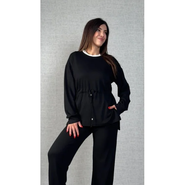 Kadın Uzun Kollu Bisiklet Yaka Belden Büzgülü Bağcıklı Viskon Iki Iplik Bluz Ve Pantolon Ikili Takım