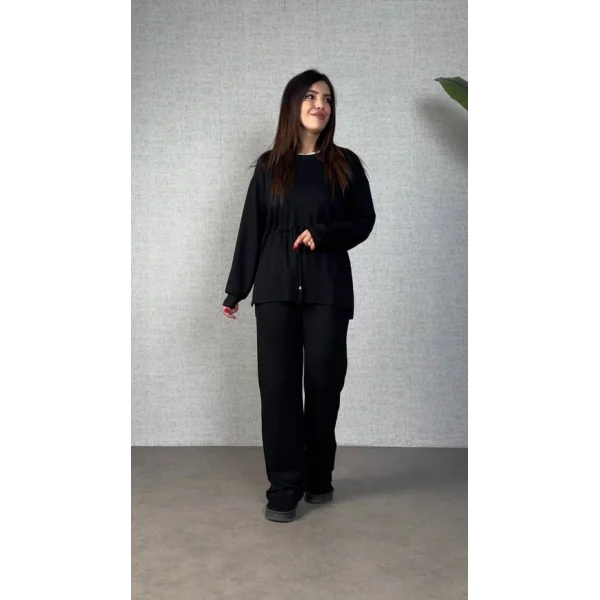 Kadın Uzun Kollu Bisiklet Yaka Belden Büzgülü Bağcıklı Viskon Iki Iplik Bluz Ve Pantolon Ikili Takım