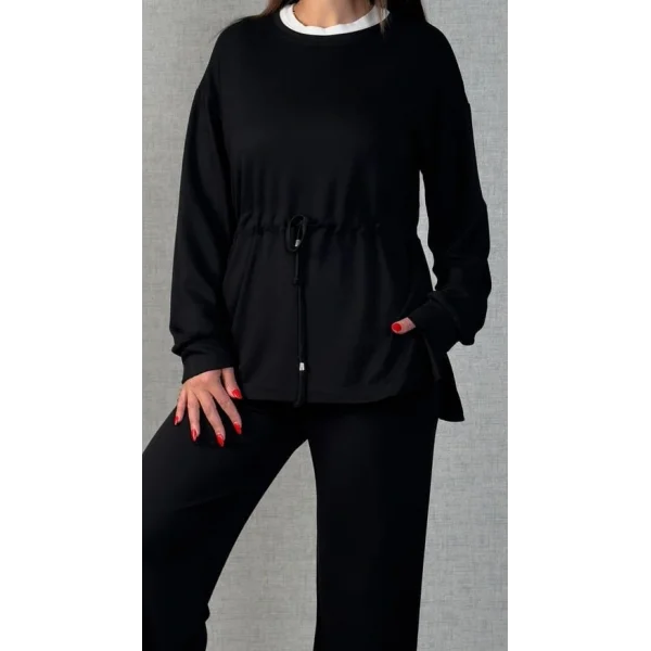 Kadın Uzun Kollu Bisiklet Yaka Belden Büzgülü Bağcıklı Viskon Iki Iplik Bluz Ve Pantolon Ikili Takım