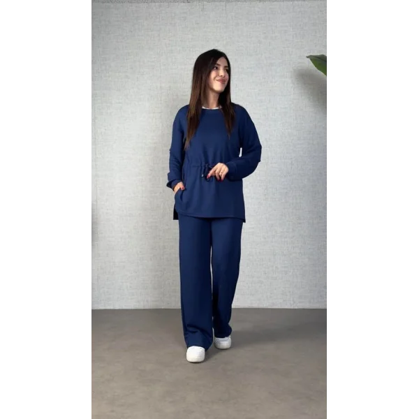 Kadın Uzun Kollu Bisiklet Yaka Belden Büzgülü Bağcıklı Viskon Iki Iplik Bluz Ve Pantolon Ikili Takım