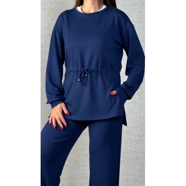 Kadın Uzun Kollu Bisiklet Yaka Belden Büzgülü Bağcıklı Viskon Iki Iplik Bluz Ve Pantolon Ikili Takım