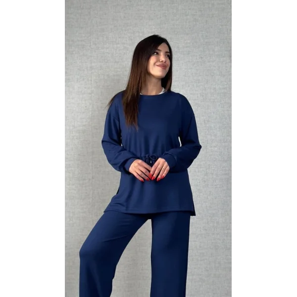 Kadın Uzun Kollu Bisiklet Yaka Belden Büzgülü Bağcıklı Viskon Iki Iplik Bluz Ve Pantolon Ikili Takım