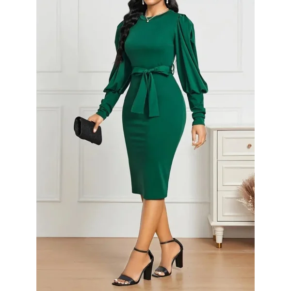 Kadın Uzun Kollu Bisiklet Yaka Beli Kuşaklı Ithal Krep Midi Elbise