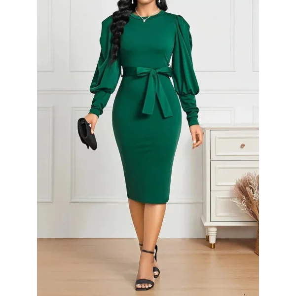 Kadın Uzun Kollu Bisiklet Yaka Beli Kuşaklı Ithal Krep Midi Elbise