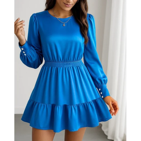 Kadın Uzun Kollu Bisiklet Yaka Beli Lastikli Fırfırlı Ithal Krep Elbise