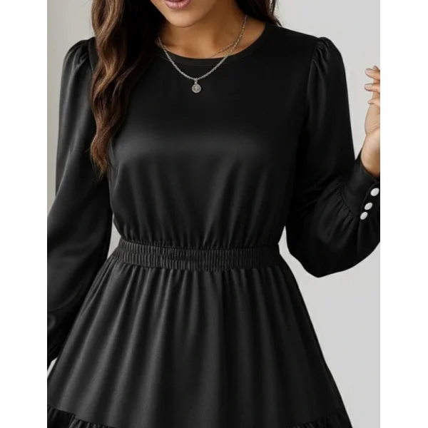 Kadın Uzun Kollu Bisiklet Yaka Beli Lastikli Fırfırlı Ithal Krep Elbise