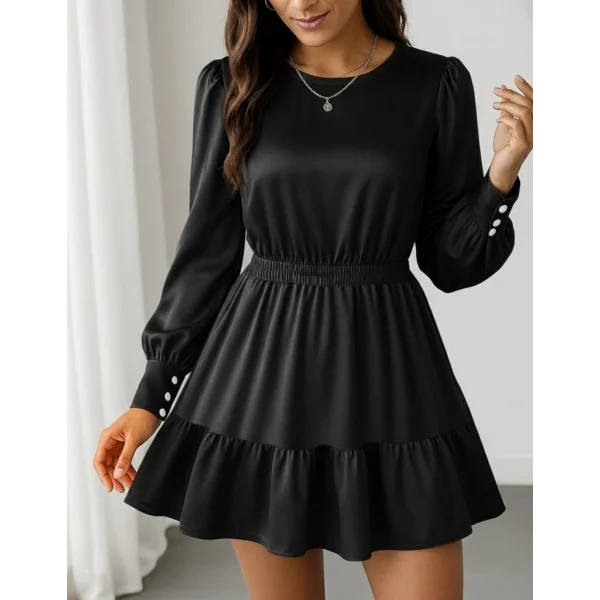 Kadın Uzun Kollu Bisiklet Yaka Beli Lastikli Fırfırlı Ithal Krep Elbise