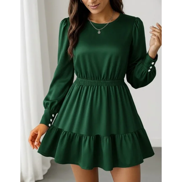 Kadın Uzun Kollu Bisiklet Yaka Beli Lastikli Fırfırlı Ithal Krep Elbise